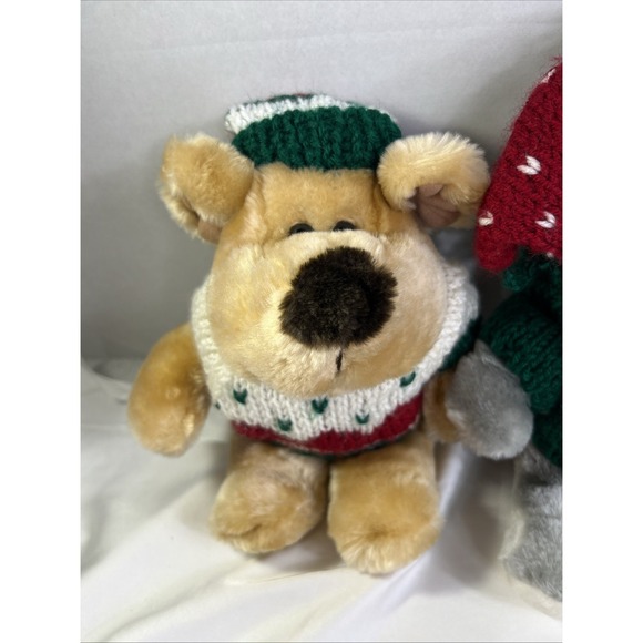 Fine Toy Co Vinatge Christmas Plushies Mouse & Bear With Sweaters 10" Set Of 2 - Picture 2 of 6
